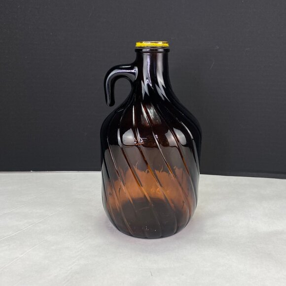 Vintage Amber Swirl Glass Jug Bottle With Handle & Yellow Metal Lid - Picture 3 of 11